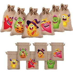 *NEW* 18PCS Halloween Burlap Gift Bags, Large Monster Goody Treat Bag Drawstring